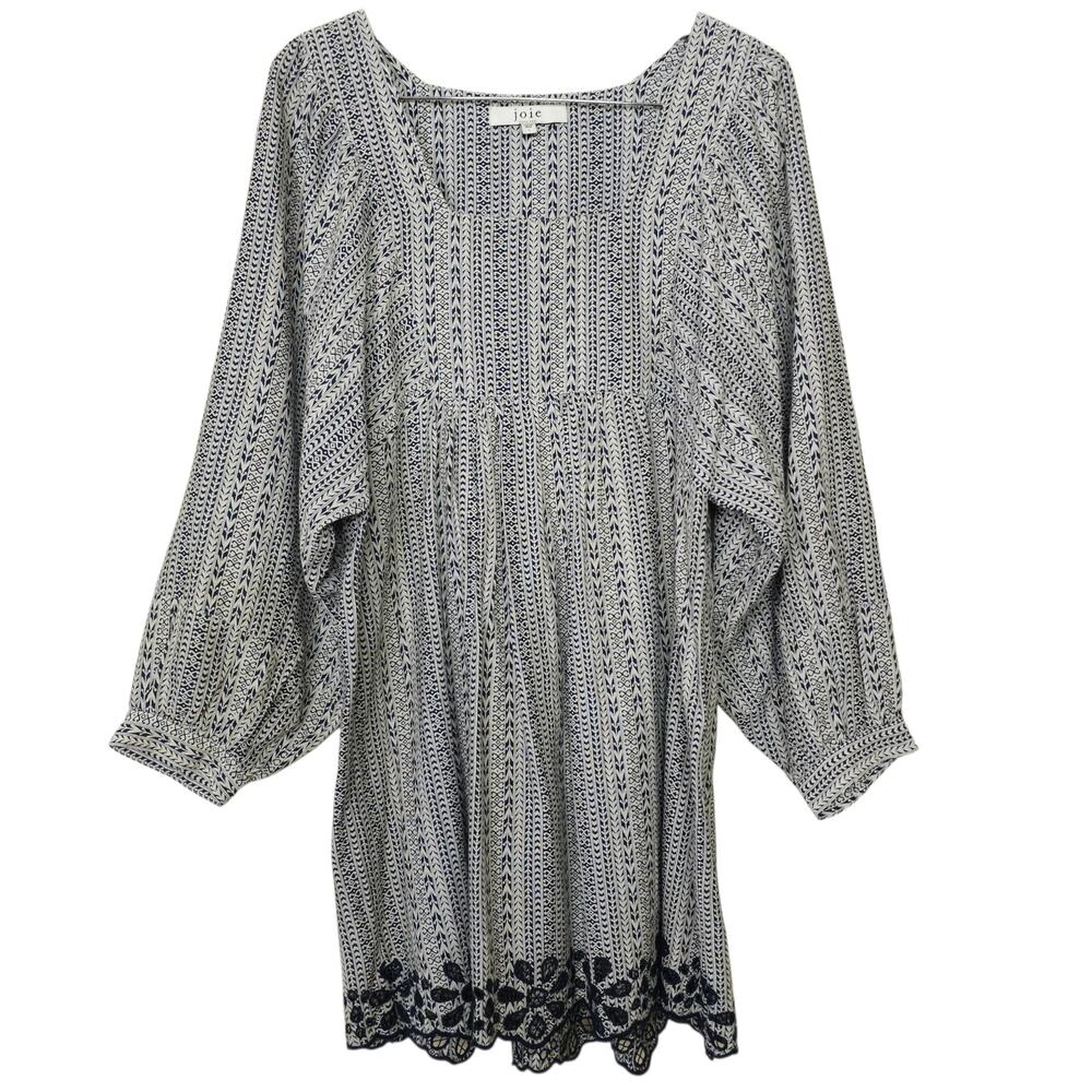 Joie Jade Navy White Geometric Eyelet Hem Linen Mini Dress L Large